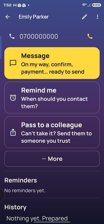 A client's page: Message, Remind me, Pass to a colleague, More