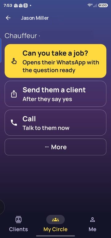 A colleague's page: Can you take a job?, Send them a client, Call, More