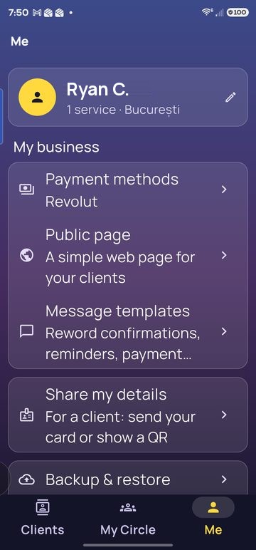 The Me tab: your profile, payment methods and settings