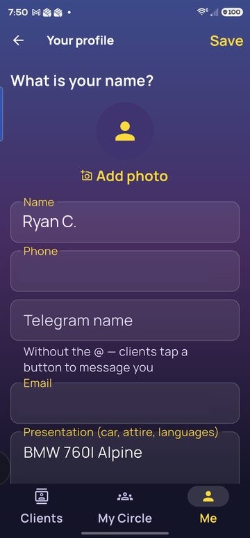 Your profile form: name, phone, Telegram, email, presentation