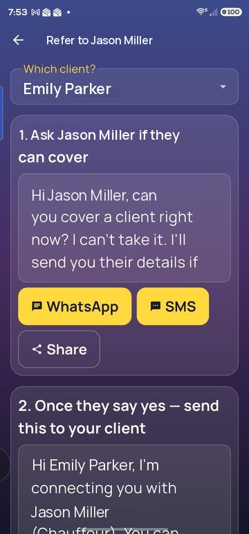 Refer to a colleague, message 1: ask if they can cover, with WhatsApp, SMS and Share buttons