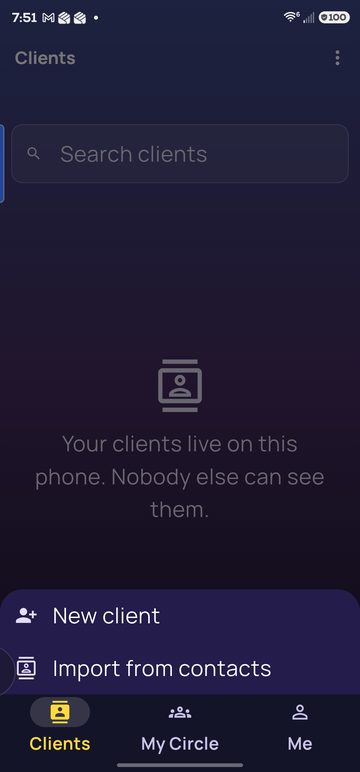 Choice: New client or Import from contacts