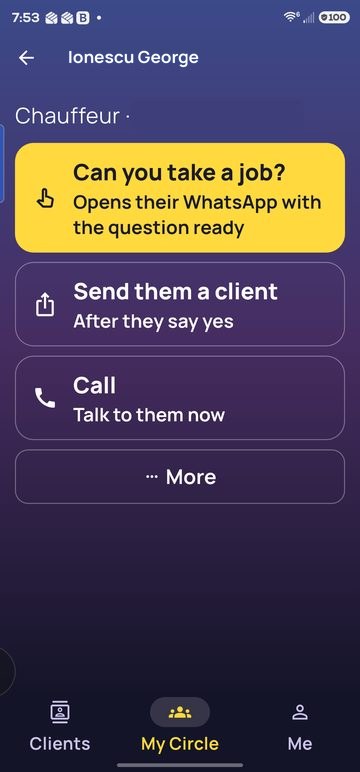 Pagina unui coleg: Can you take a job?, Send them a client, Call, More