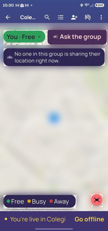 The map: You · Free, Ask the group, who is sharing their location