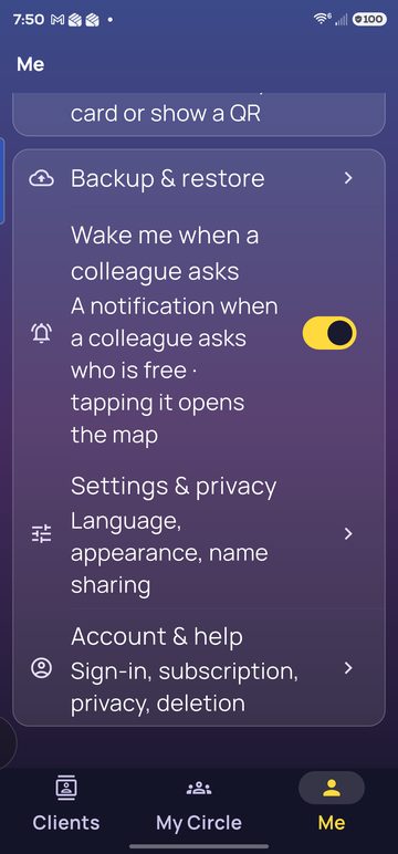 Me tab lower part: the Wake me when a colleague asks switch