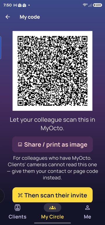 My code: a QR for colleagues to scan, with Share / print as image and Then scan their invite