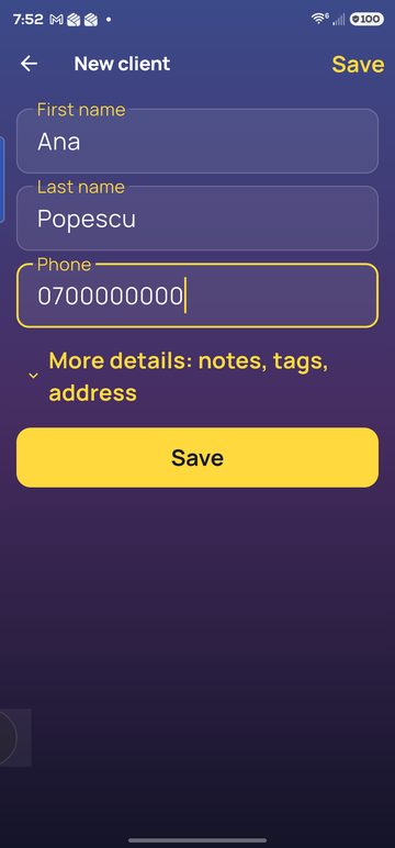 Formularul de client nou completat cu prenume, nume și telefon