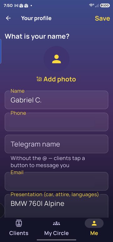 Formularul de profil: nume, telefon, Telegram, email, prezentare