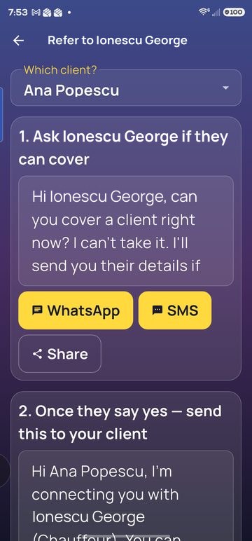 Mesajul 1: întrebi colegul dacă poate prelua, cu butoanele WhatsApp, SMS și Share